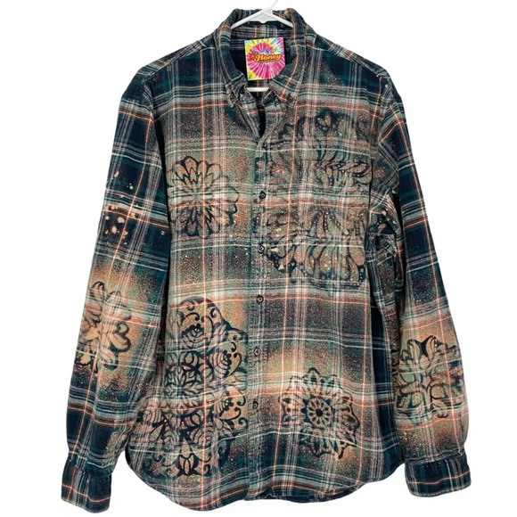 Handmade Boho Flannel Shirt Stencil Bleached Plaid Women Large Navy Blue Mandala - Picture 1 of 11